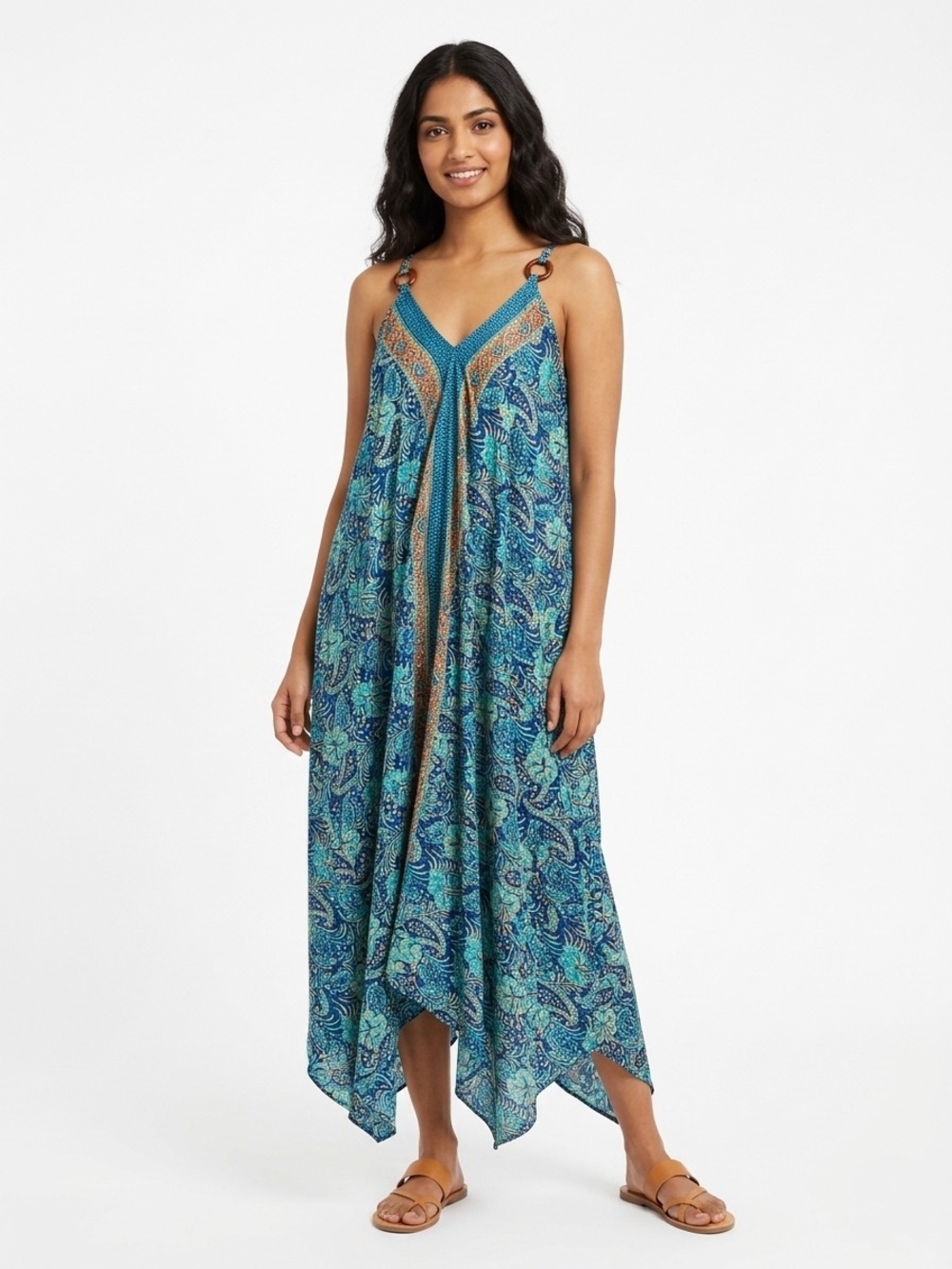 Paisley V-Neck Midi High Low Dress with Ring-Strap Detail - Blue